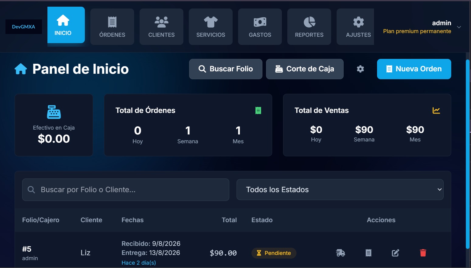 Panel de control DevGMXA en tablet